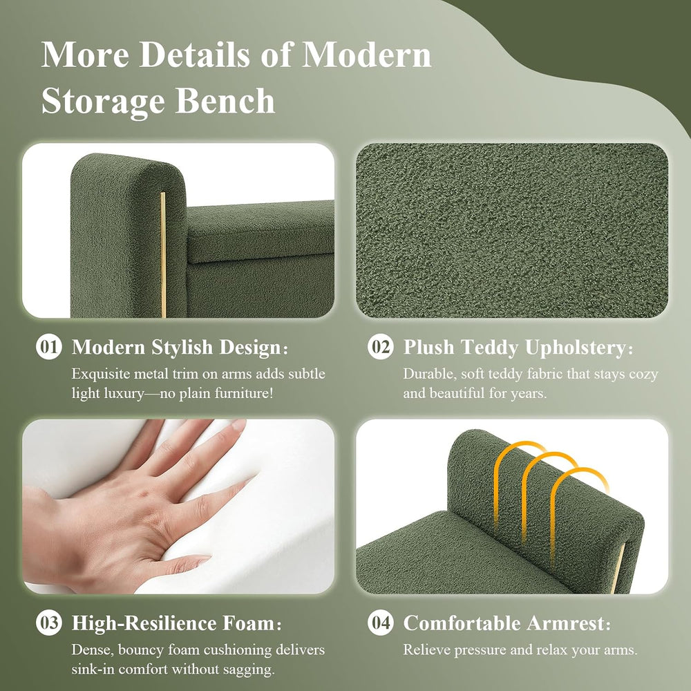 52" Storage Ottoman Bench, Teddy Upholstered End of Bed Bench with Pull-...