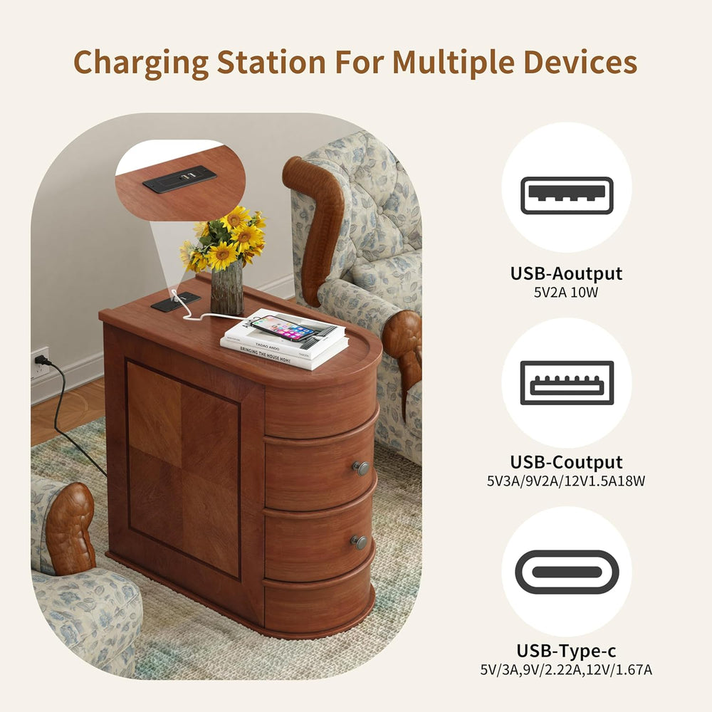 Narrow End Table with Charging Station, Vintage Slim Sofa Side Table & Ni...