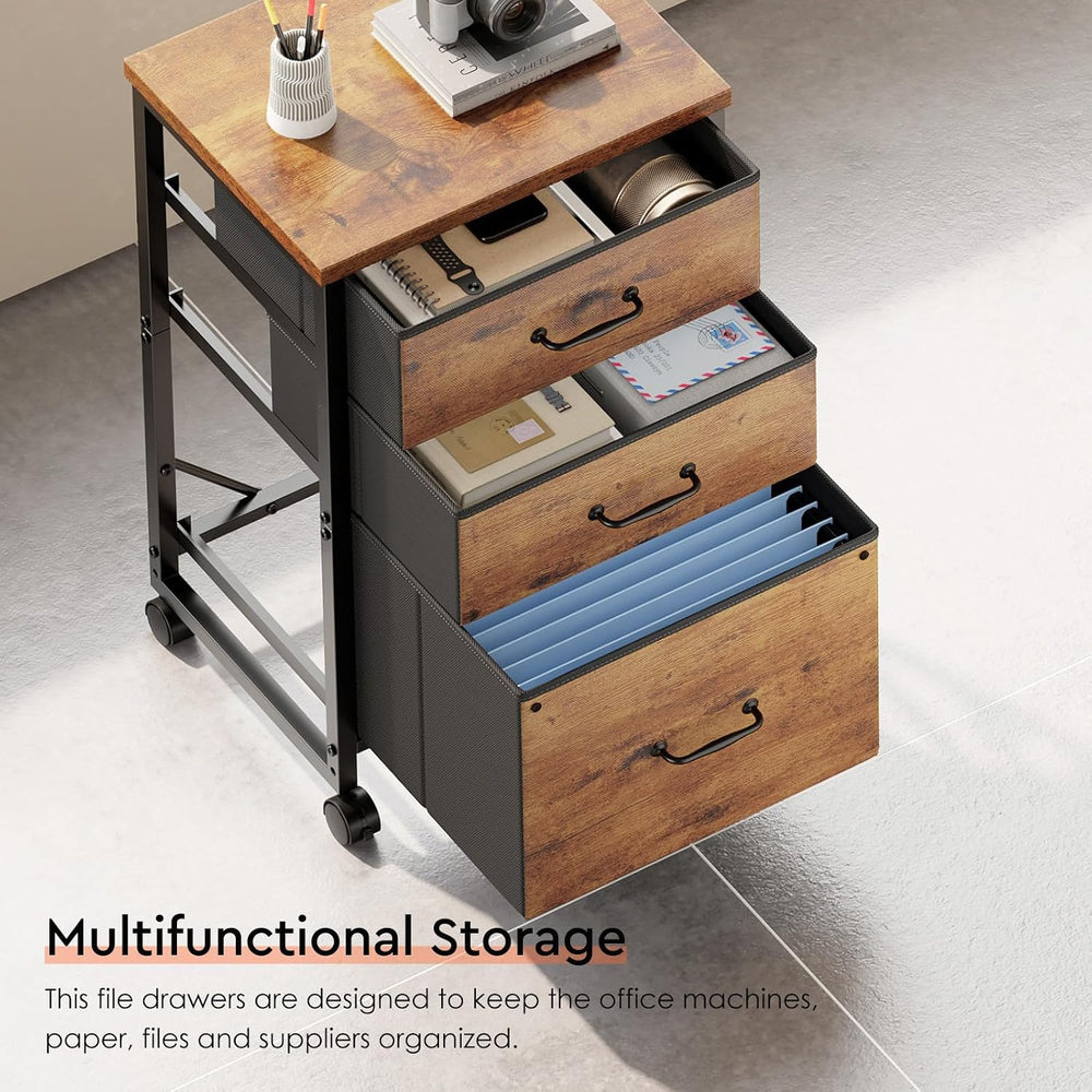 Maihail 3 Drawer File Cabinet with Wheels with Open Storage Shelf, Rustic Brown2