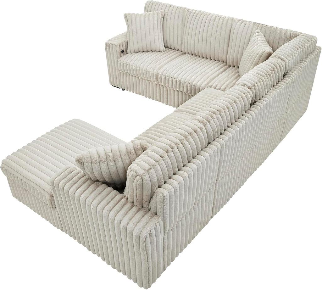 122-Inch Oversized Sectional Sleeper Sofa with Pull Out Bed,Khaki | Plush Corduroy U Shaped Modular Couch Gifts for Men Women, Storage Chaise Lounge and USB Charging Port,6 Seat Sectional Couch