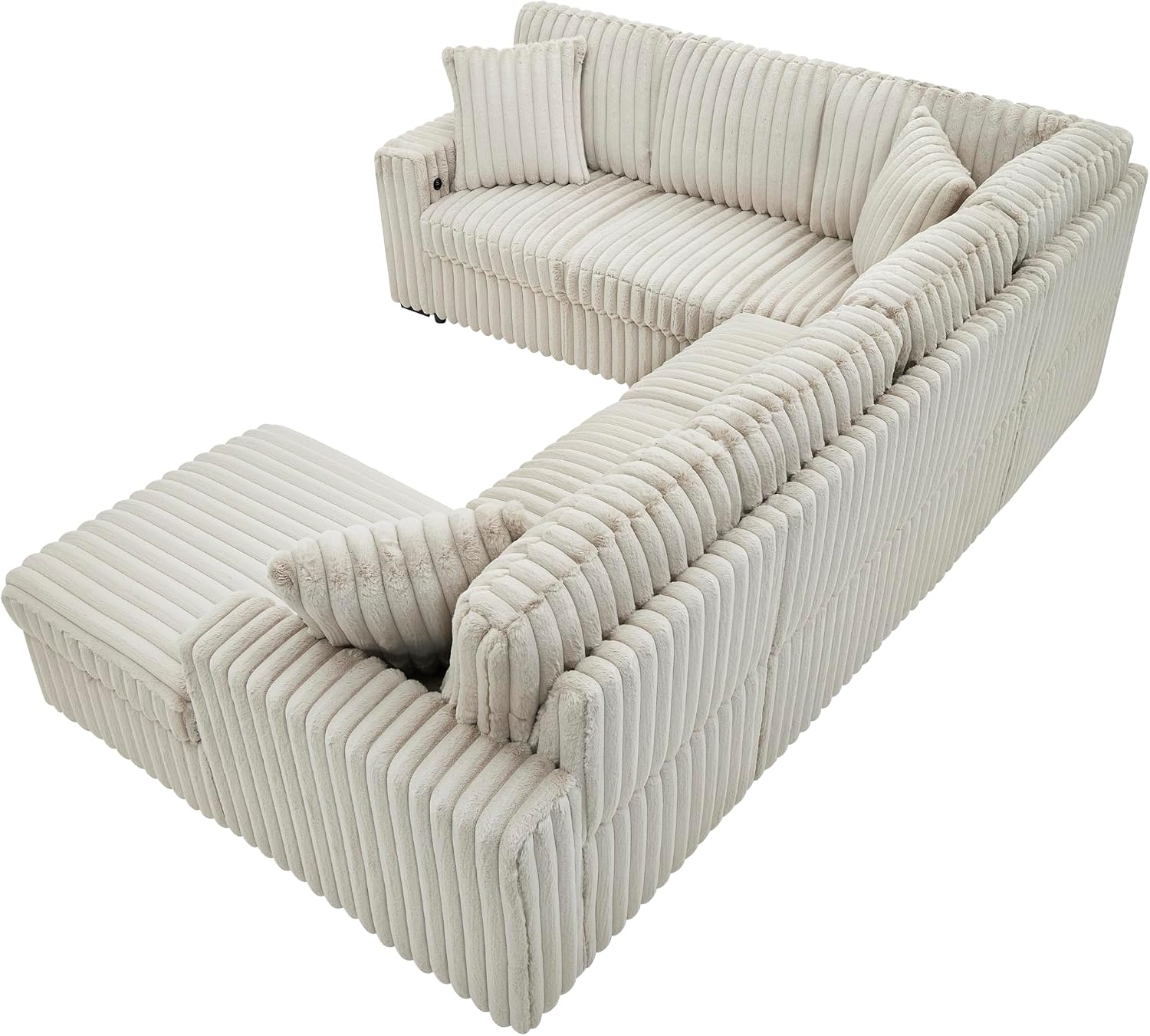 122-Inch Oversized Sectional Sleeper Sofa with Pull Out Bed,Khaki | Plush Corduroy U Shaped Modular Couch Gifts for Men Women, Storage Chaise Lounge and USB Charging Port,6 Seat Sectional Couch