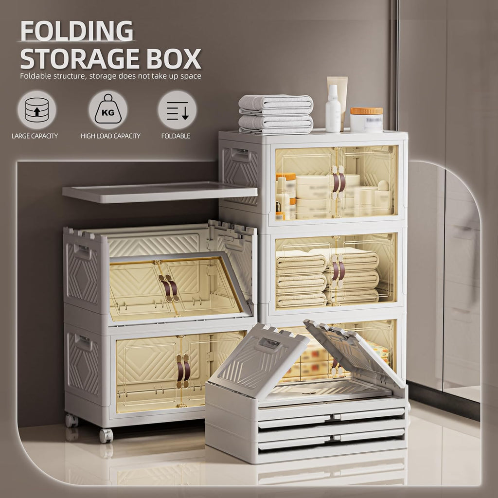 200 QT / 50 Gal White Storage Bins with 1 Lid - Collapsible Stackable Cabinet Organizer w/Wheels & Magnetic Doors, Plastic Storage Box for Office Closet Organization