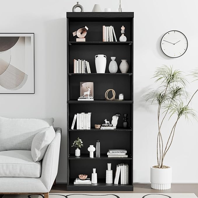 82" Wooden Book Shelf, 5 Shelf Bookcase, Modern Bookshelf with Adjustable Shelf for Home Office, Study Room, Black