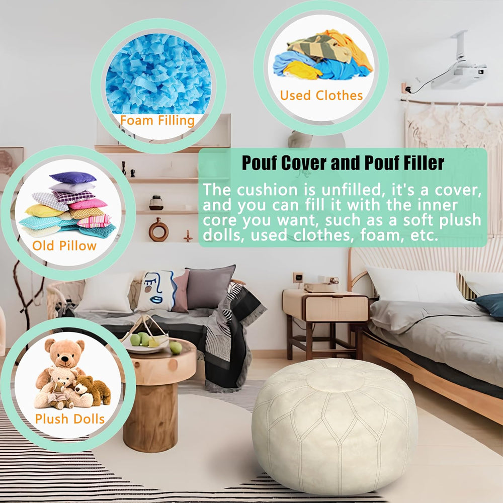 Thgonwid Unstuffed Moroccan Faux Leather Pouf Ottoman Cover with Storage - Bo...