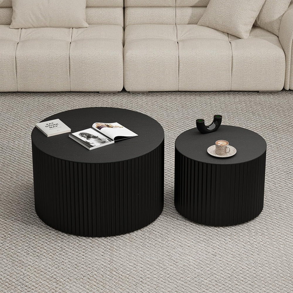 Round Wood Coffee Table Set of 2 Modern Round Fluted Nesting Coffee Tables Ha...