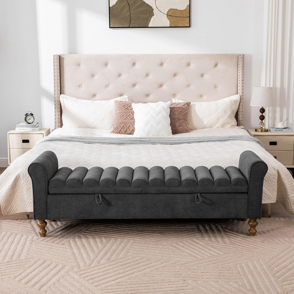 65" Bench with Storage, End of Bed Bench with Rolled Arms, Upholstered B...