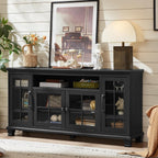 SAVOR LIFE 60-Inch Sideboard Buffet with Glass Doors, Black | 60-inch wood buffet with four glass doors, adjustable shelves and open storage for tableware, coffee bars and display