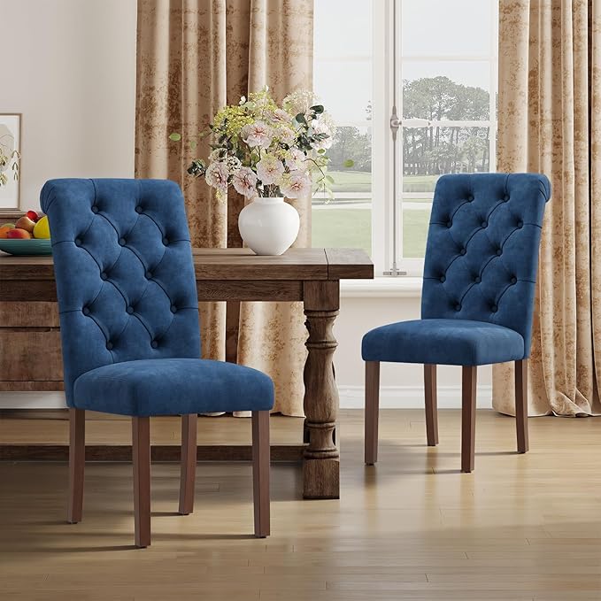 Upholstered Tufted Dining Room Chairs Set of 6, Parsons Kitchen Chairs with Padded Seat and Solid Wood Legs, Fabric Accent Side Diner Chair for Dining Room/Kitchen/Living Room, Blue