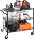 Finnhomy 3 Tier Heavy Duty Commercial Grade Utility Cart, Wire Rolling Cart with Handle Bar, Steel Service Cart with Wheels, Kitchen Carts on Wheels, Metal Cart Shelf Size 24" D x 36" W, NSF, Black