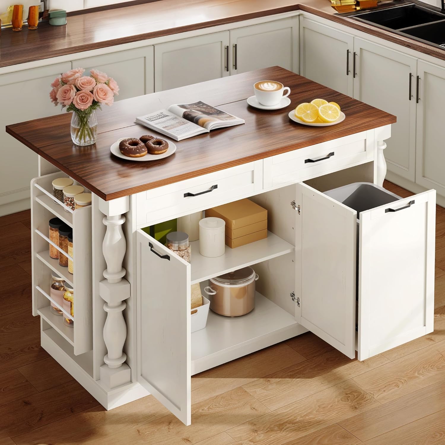 Kitchen Island with Drop Leaf, 47.6" Kitchen Island with Storage | with Power Outlet & Trash Bin Rolling Kitchen Cart with Spice Rack Island Table for Kitchen Breakfast Home Bar, Antique White