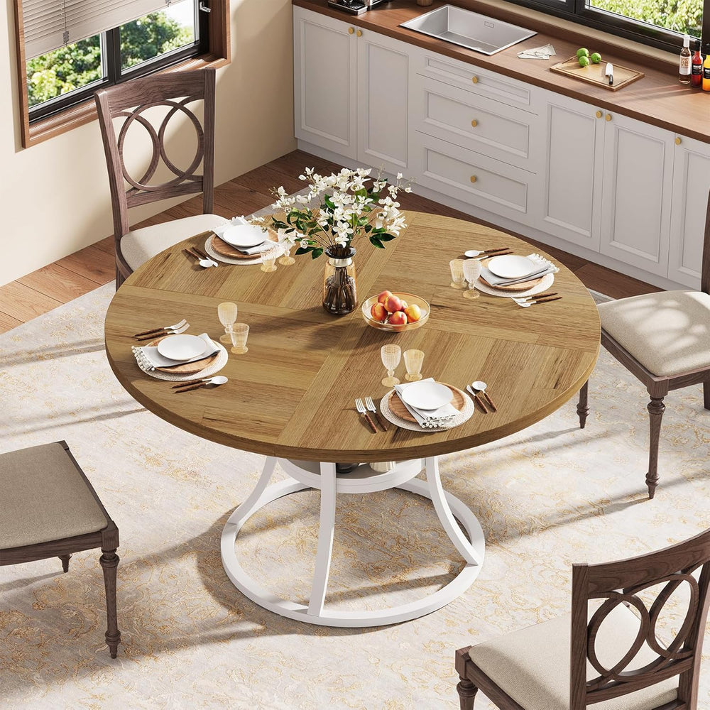 47'' Round Dining Table for 4-6, Farmhouse Dining Room Table with Sto...