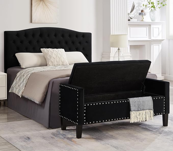Velvet Storage Ottoman with Armrests and Nails Trim,Entryway Living Room Soft Padded Seat,Bed Bench Bedroom End of Bed,Black (48”L X 18.5” W X 22” H)