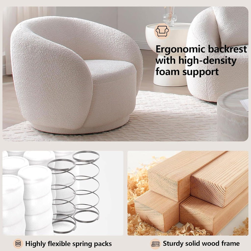 Set of 2 Swivel Barrel Accent Chairs, White Boucle Chairs | 33.07" 360° modern upholstered armchairs with thick cushions and round reading chair style for living rooms and bedrooms.