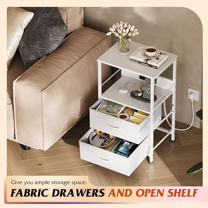 WLIVE White Night Stand Set of 2 with Charger Station, LED Nightstand with 2 ...