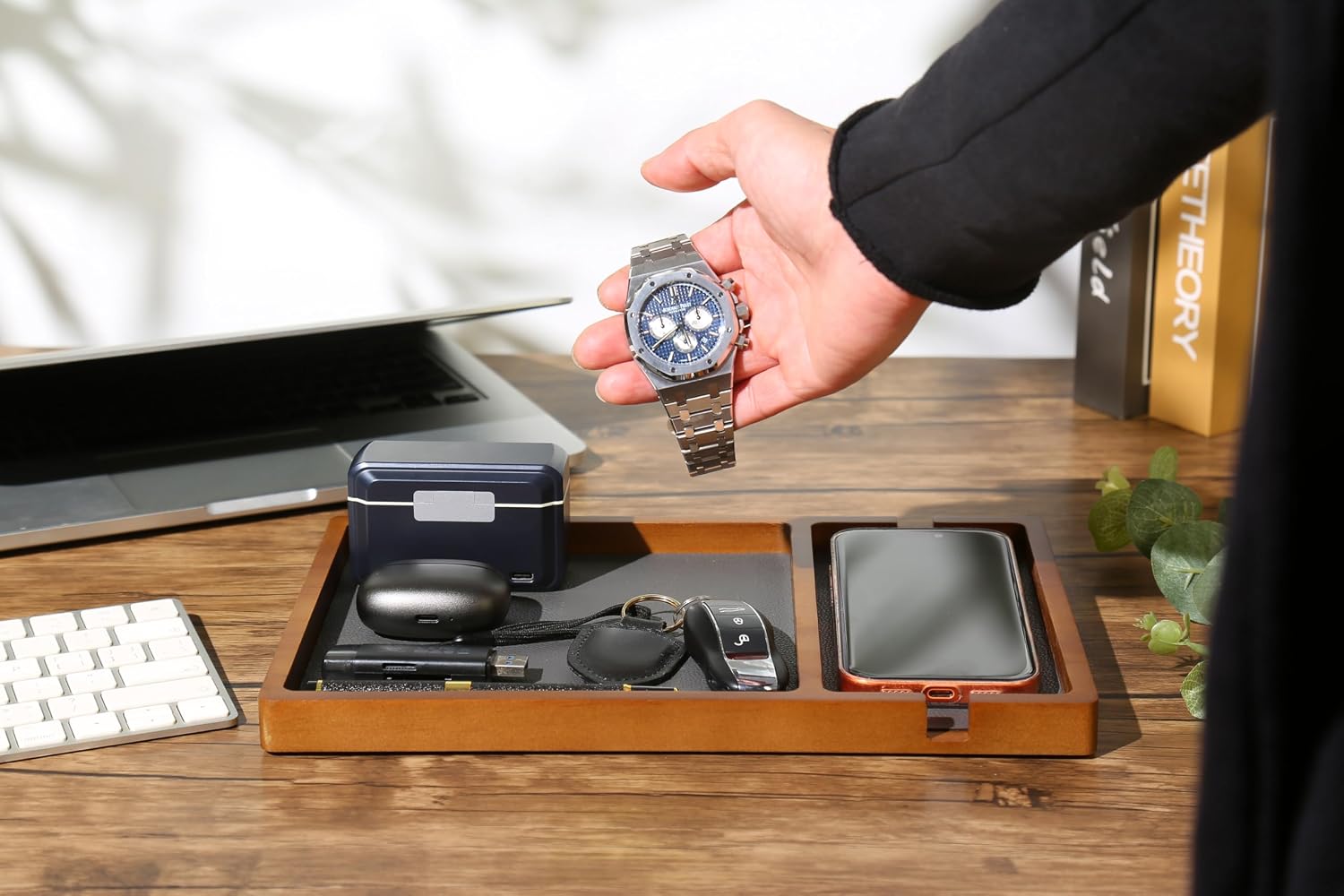 Shinpuru Wooden Valet Tray for Men, Nightstand Organizer with Leather Inlay, EDC Essentials Catchall Tray for Keys, Phone, Wallet, Watch, Earbuds - Bedside Desk Entryway Tray (Wood-Phone)