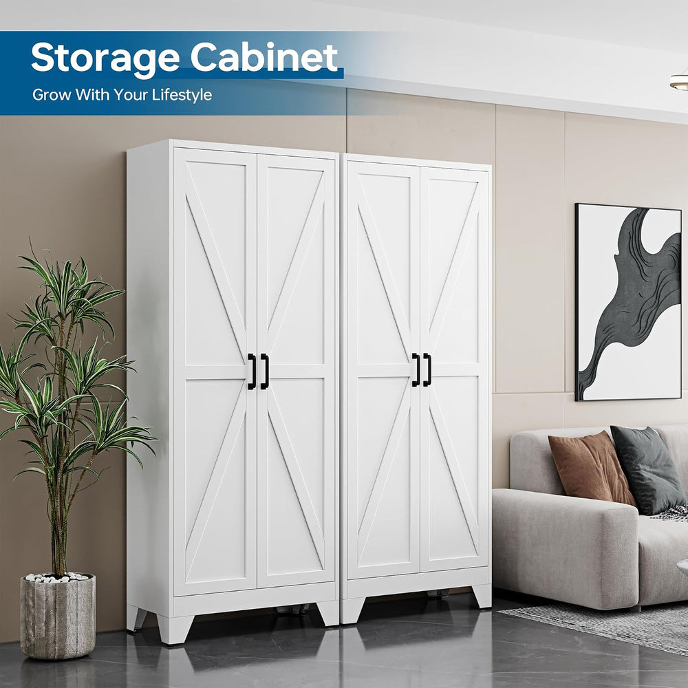 PEUKC 75" Farmhouse Metal Storage Cabinet with Doors and 4 Adjustable Sh...