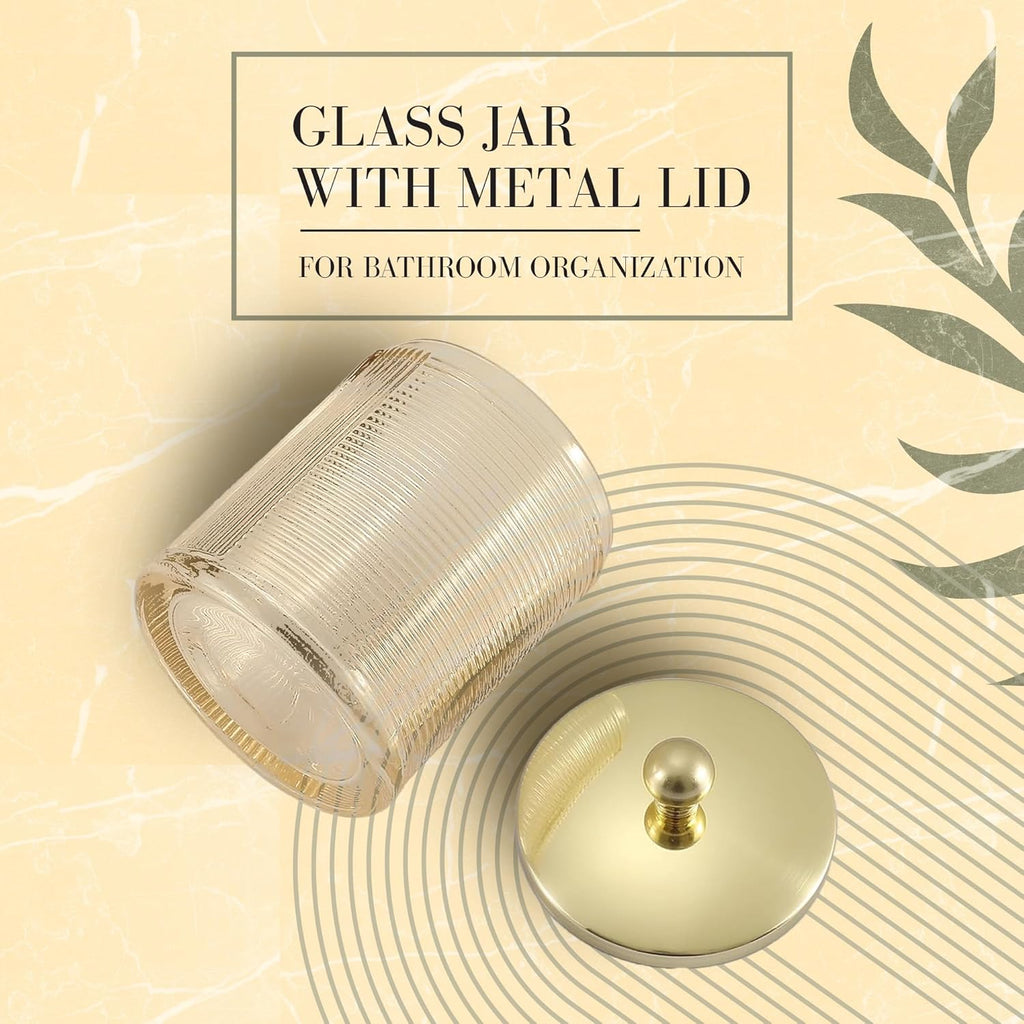 Tan Colored Tranlucent Apothecary Ribbed Geometric Etched Glass Jar W/Gold Metal Lid Cover for Bathroom Organization, Cotton Balls, Q Tips, and Small Accessories, Bathroom Storage