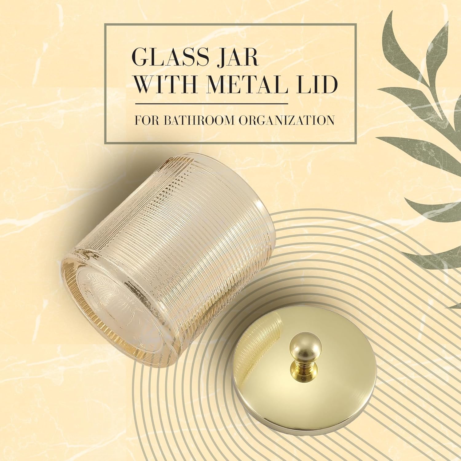 Tan Colored Tranlucent Apothecary Ribbed Geometric Etched Glass Jar W/Gold Metal Lid Cover for Bathroom Organization, Cotton Balls, Q Tips, and Small Accessories, Bathroom Storage
