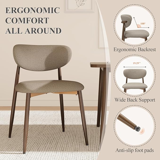 Dining Chairs Set of 2, Upholstered Dining Room Chairs with Metal Legs and Anti Slip Pads, Curved Back Kitchen Chair for Home and Restaurant Use, Camel