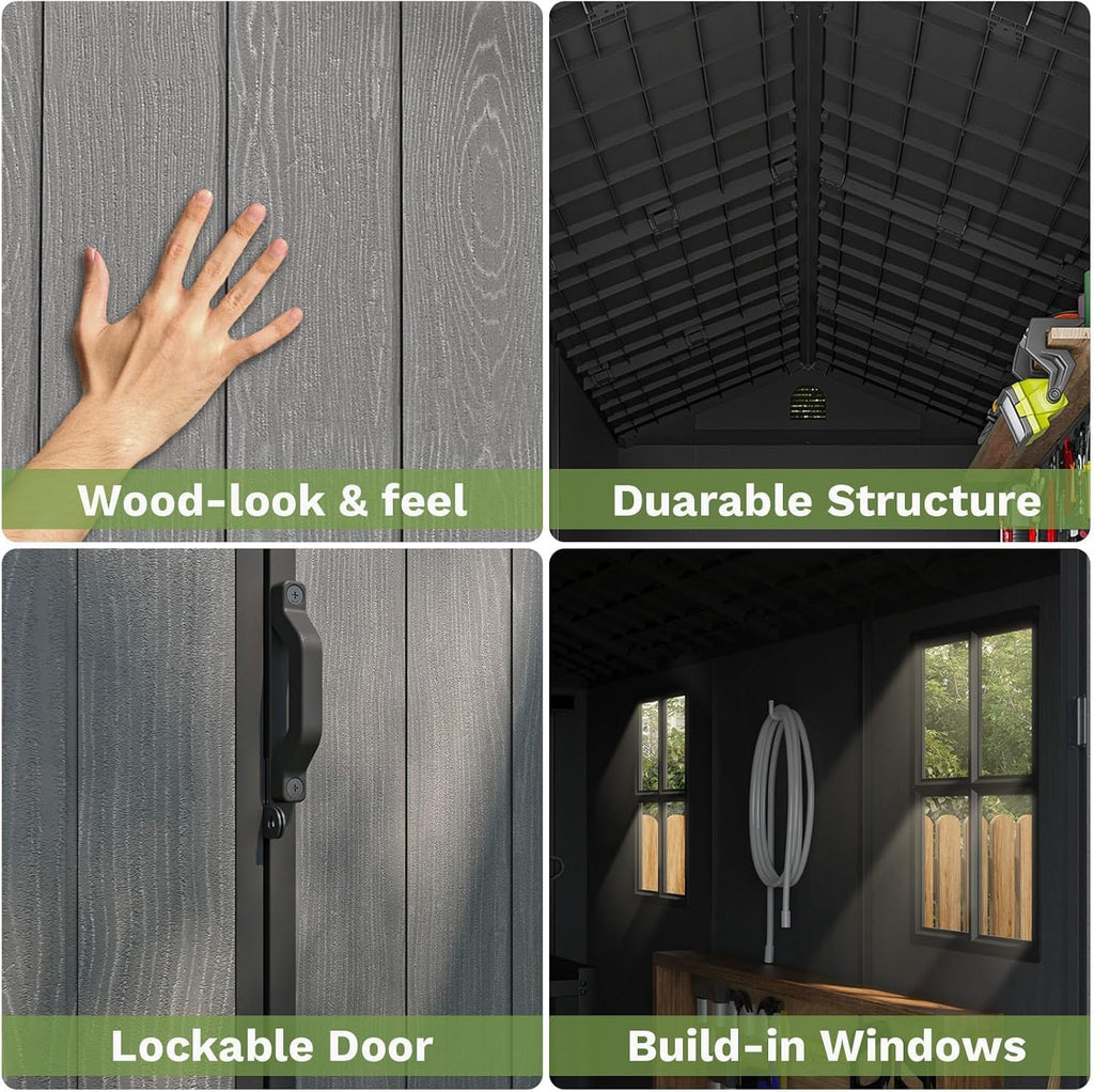 Patiowell 4x8 FT Outdoor Storage Shed with Floor & Windows, Lockable Resin Tool Shed for Garden, Backyard, Patio, and Lawn Equipment - Easy Assembly, All-Weather Protection, Gray (Fit-it Shed)