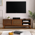 LKTART Mid Century Modern Rattan TV Stand for 65 Inch TV,59" Boho Media Console with Sliding Doors & Open Shelves,Solid Wood Legs for Living Room,Light Walnut