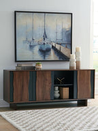 Signature Design by Ashley Welby Casual Soft-Close Accent Cabinet with Shelves and Wire Management, Dark Brown & Black
