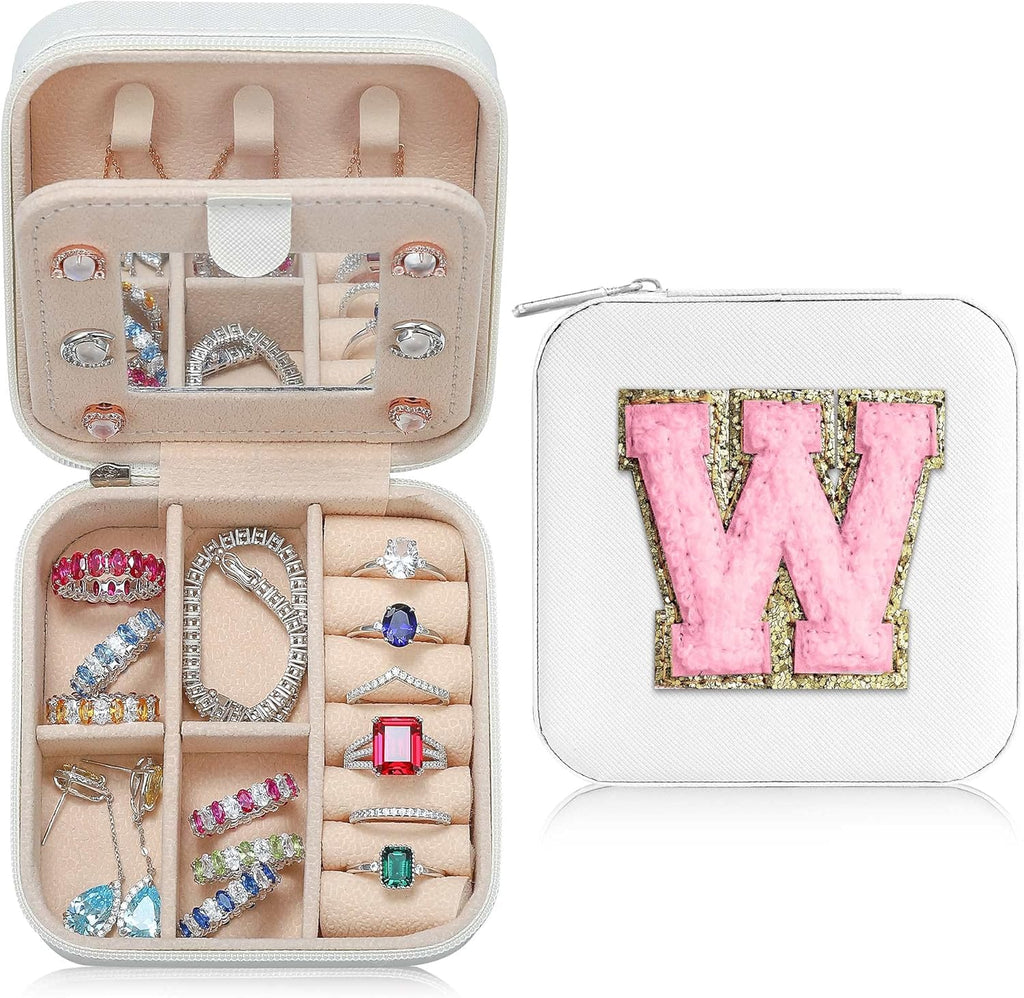 Parima Travel Jewelry Case - Small Jewelry Organizer Box, Mini Travel Case - Letter W, White