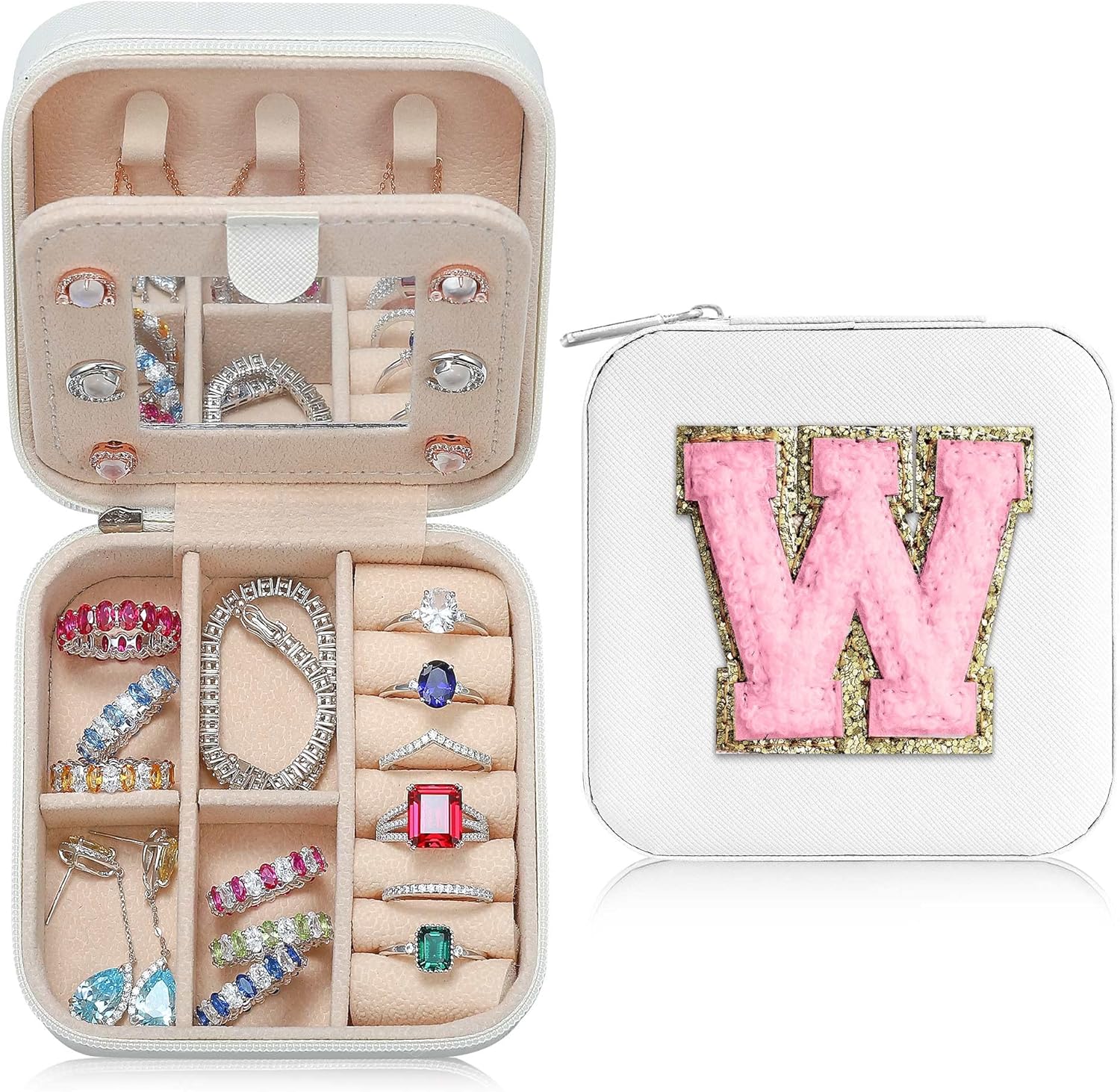 Parima Travel Jewelry Case - Small Jewelry Organizer Box, Mini Travel Case - Letter W, White