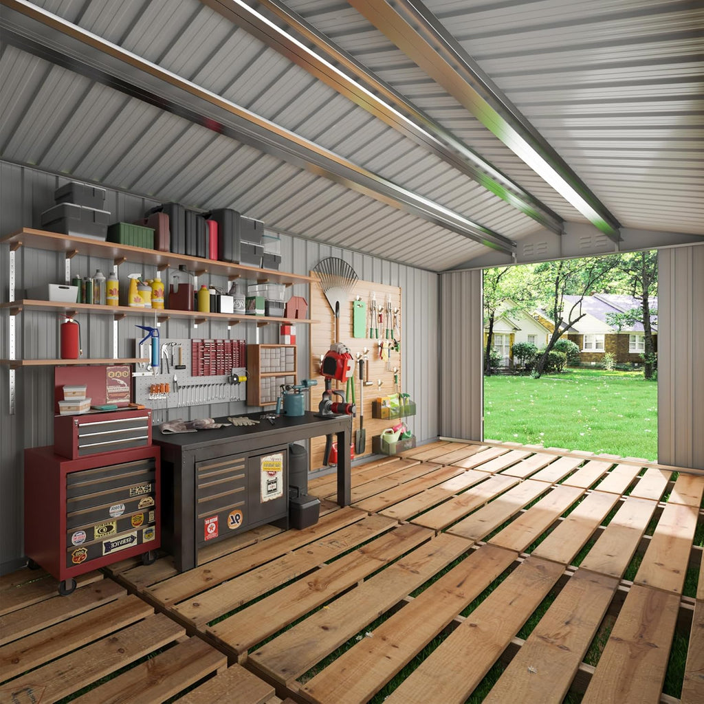 8x12 FT Outdoor Storage Shed, Garden Shed with Updated Frame Structure and Lockable Doors, Metal Tool Sheds for Backyard Garden Patio Lawn, Grey