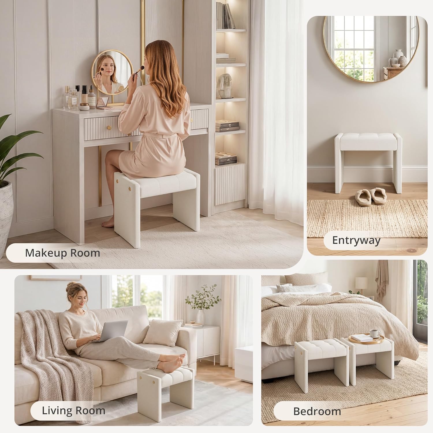 LUE BONA Modern Grid Tufted Vanity Bench Stool, 4.33'' Thick Chenille Upholstered Ottoman Footstool for Makeup Room, Bedroom & Living Room, 200lbs Capacity, White