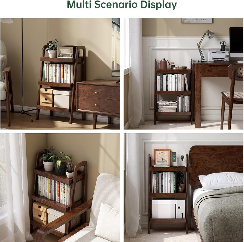 100% Solid Wood 3-Tier Ladder Shelf, Small Bookcase, Storage End Table, Open Display Stand for Living Room, Bedroom, Kitchen, Bathroom (Walnut Color)