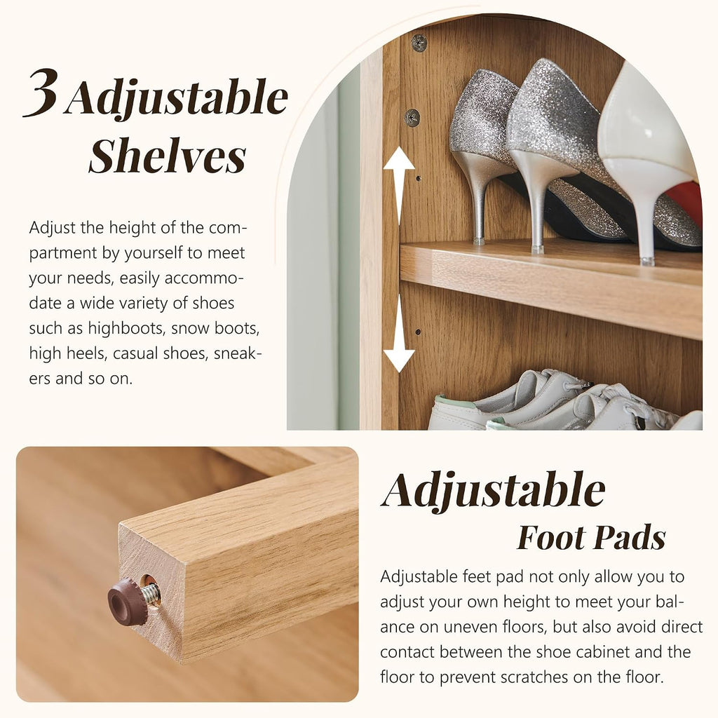 IFGET 71" Tall Arched Shoe Storage Cabinet, 8 Tiers 16 Pairs Wooden Shoe Rack with 3 Adjustable Shelves, Freestanding Shoe Closet Shelf Organizer for Entryway, Hallway, Living Room (Natural)