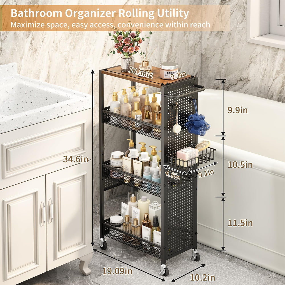 Slim Storage Rolling Cart: 4-Tier Narrow Metal & Wood Utility Cart with W...