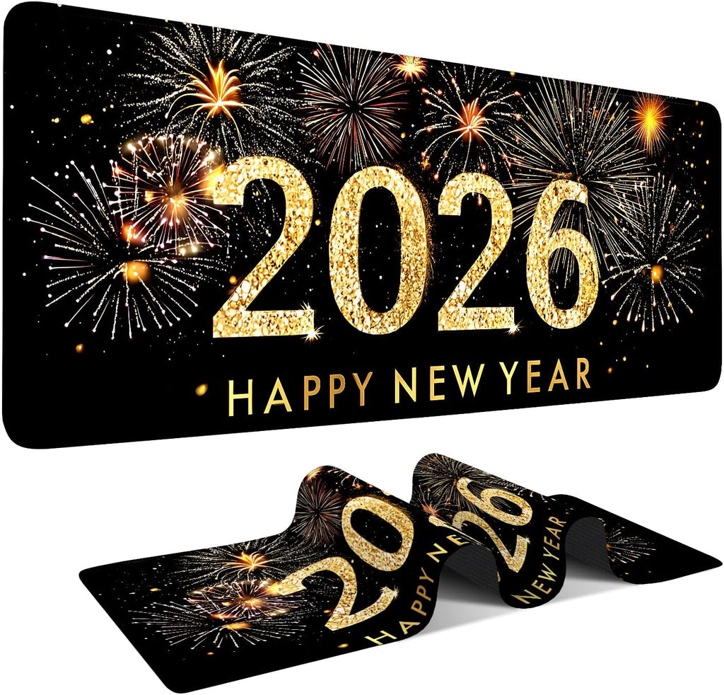 2026 Happy New Year Gaming Mouse Pad 31.5"x11.8"Desk Mat Anti-Slip Rubber Base & Durable Stitched Edges for Gamers Smooth Mouse Writing Surface for Desk Office/Home