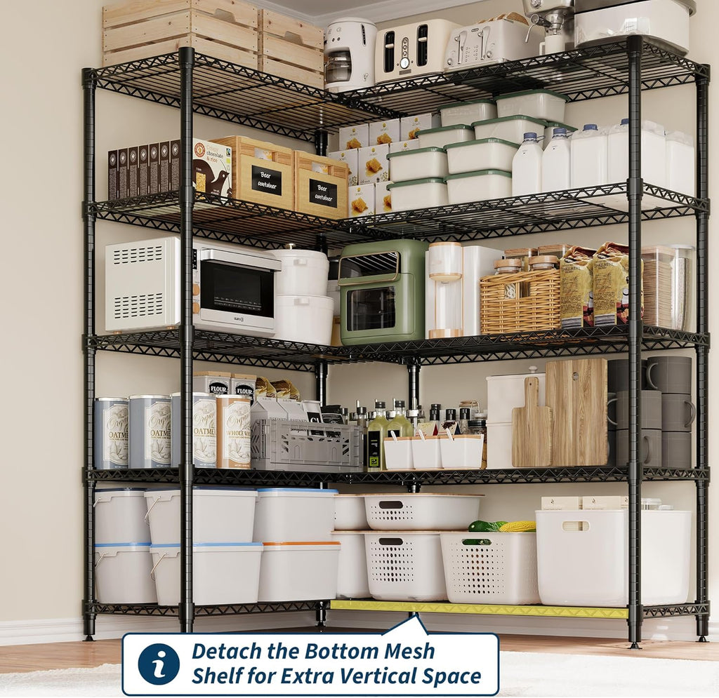 5-Tier Storage Shelving Unit Metal Shelves 59" W Wire Shelving, 70" H L-Shaped Pantry Shelves Kitchen Storage Shelves for Home Commercial Garage Heavy Duty, 70.5" H x 59" W x 13.8" D