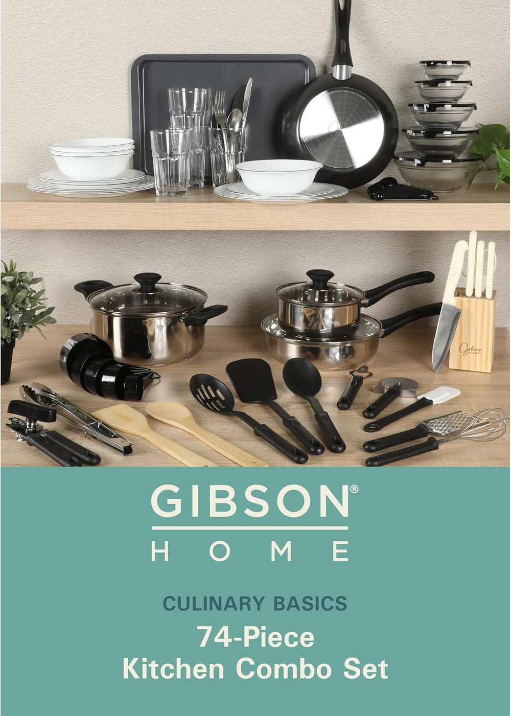 Gibson Home 74 Piece Kitchen in a Box Pots and Pans Cookware, Plates and Bowl...