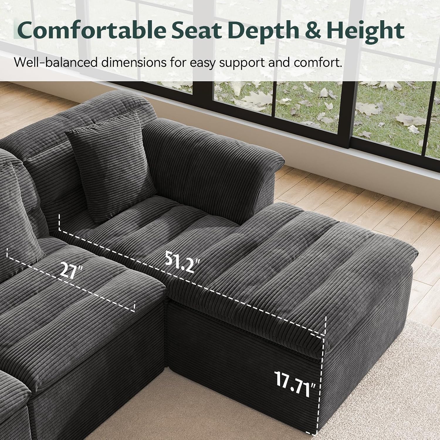 111.8" Modular Sofa with Ottoman, Boneless Cloud Couch with Deep Seat, Comfy U-Shape Corduroy Couches for Living Room, No Assembly Required, Dark Gray
