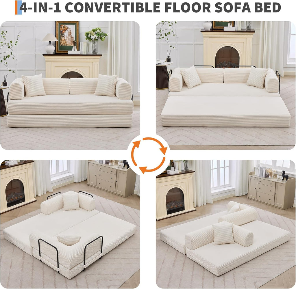 GarveeHome 79" Convertible Sleeper Sofa Bed Couch, 4-in-1 Boneless Corduroy Folding Sofa Bed with Pillow & Fixed-Shape, Floor Mattress Couch Loveseat for Living Room Apartments - No Assembly, Beige