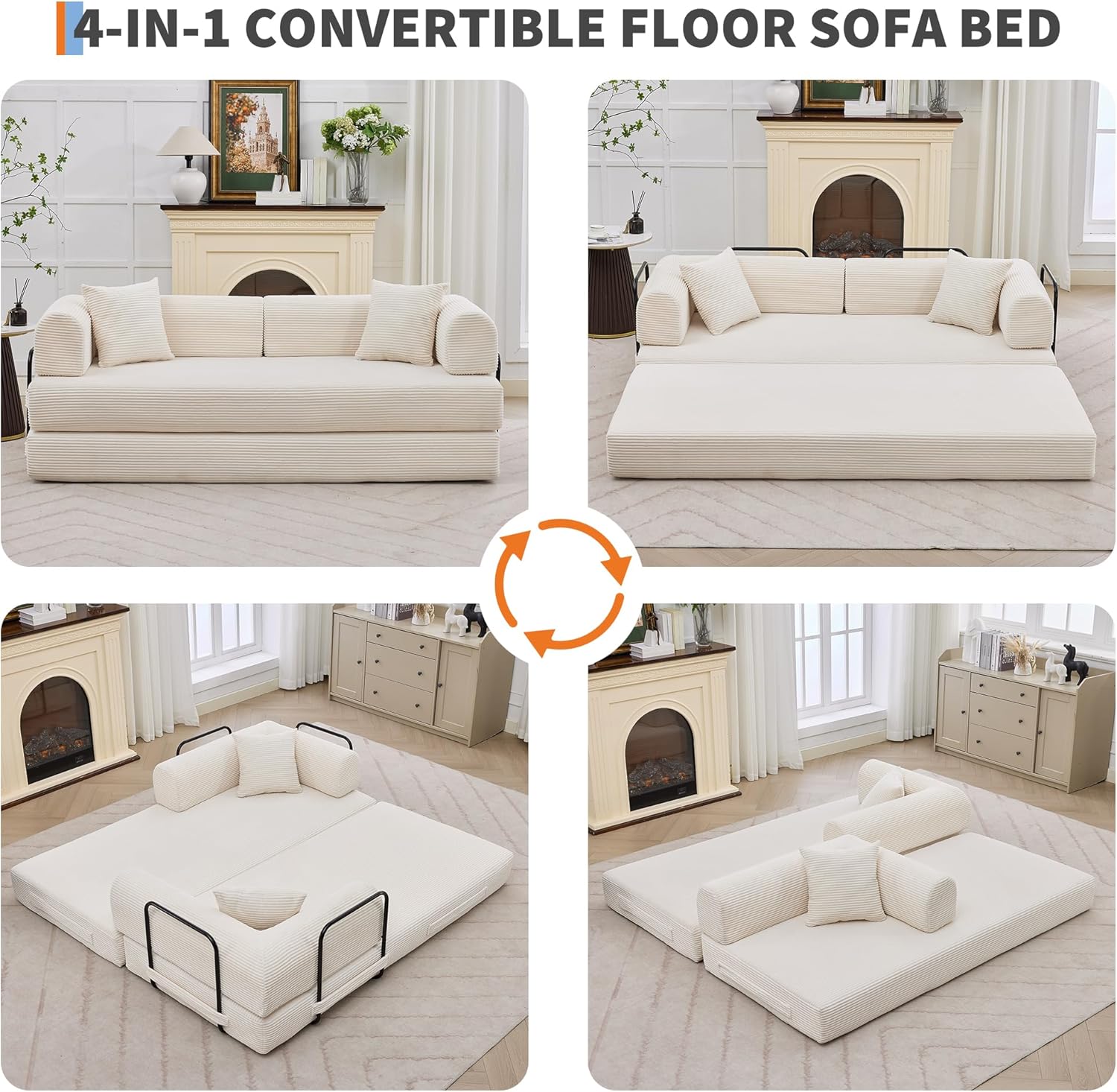 GarveeHome 79" Convertible Sleeper Sofa Bed Couch, 4-in-1 Boneless Corduroy Folding Sofa Bed with Pillow & Fixed-Shape, Floor Mattress Couch Loveseat for Living Room Apartments - No Assembly, Beige