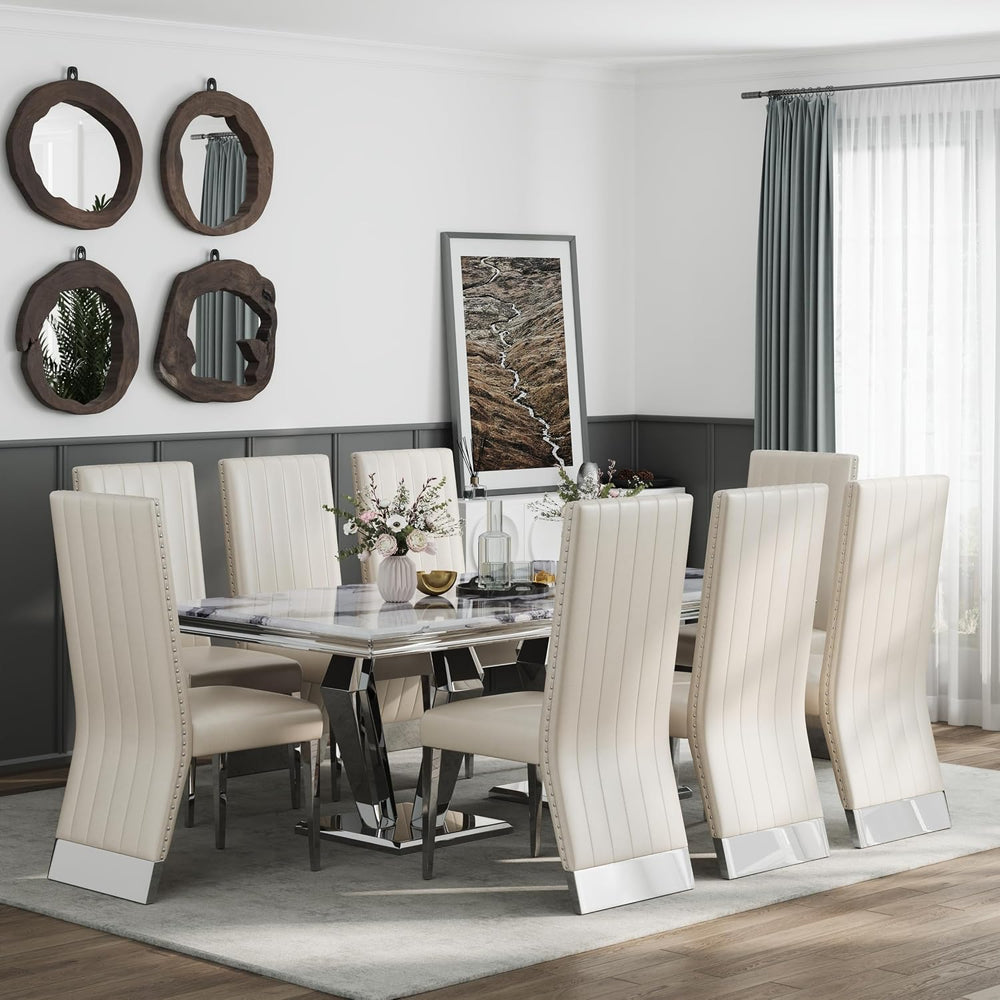 AUZ Modern White Leather Dining Chairs with Silver Mirrored Legs, Set of 2 | ...