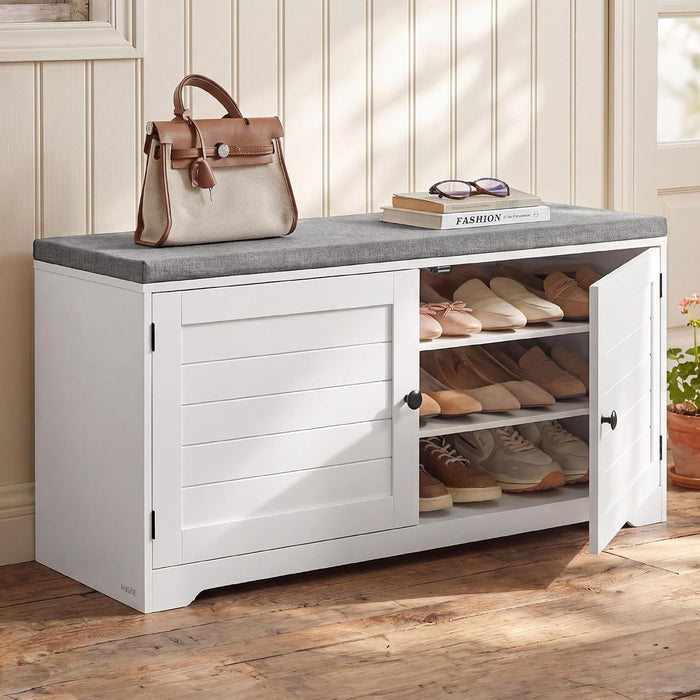 SONGMICS HOME 3-Tier Entryway Bench, Shoe Bench with Padded Seat, for Hallway, Bedroom, 14.2 x 40 x 20.9 Inches, White and Gray