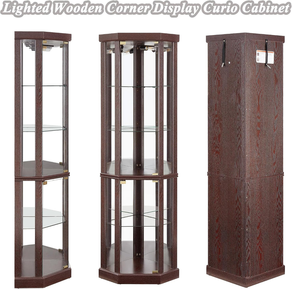 69" H Lighted Corner Curio Cabinet Display Case With Adjustable Shelves,...