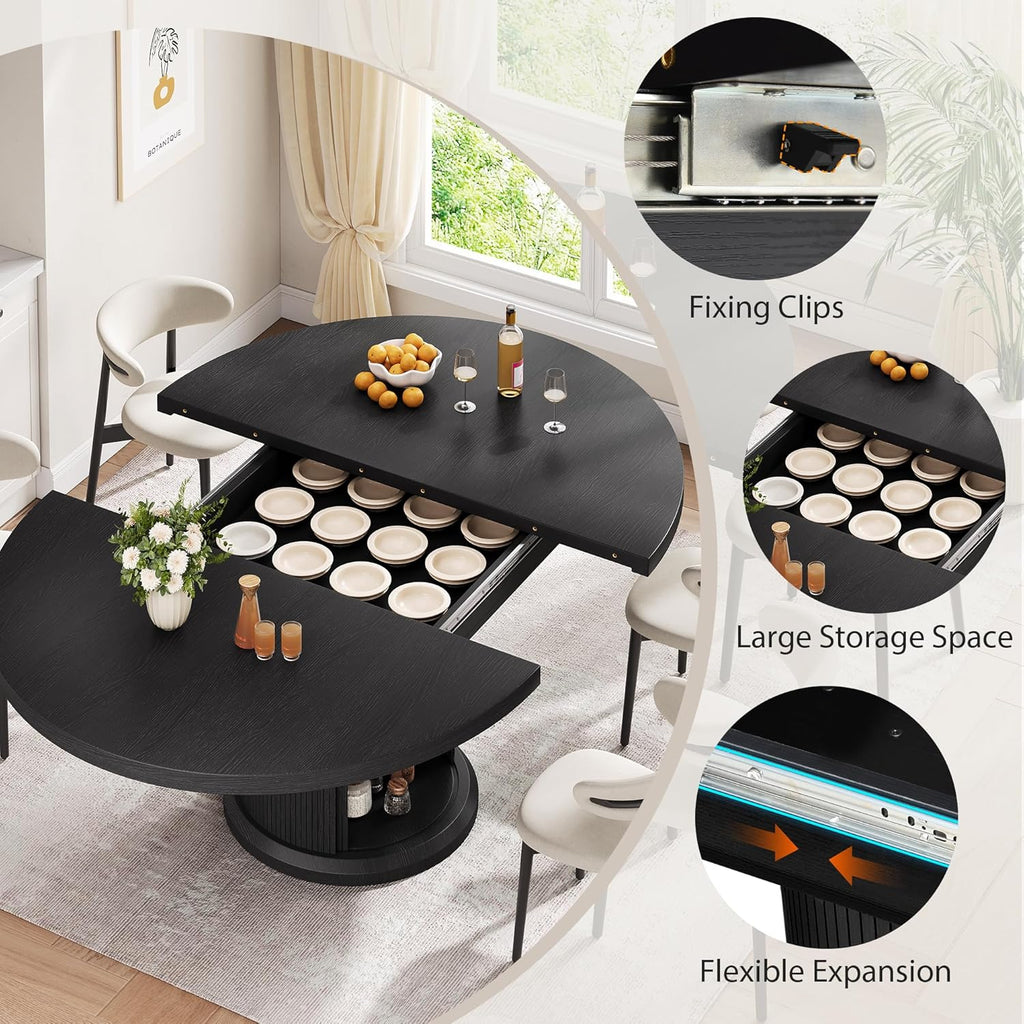 Jocoevol 47″–63″ Extendable Round Dining Table for 4–8 with Dust-Proof 2-Tier Storage Shelf Space-Saving Expandable Dining Room Table Wood Oval Circle Dining Table with Pedestal Base (Deep Black)