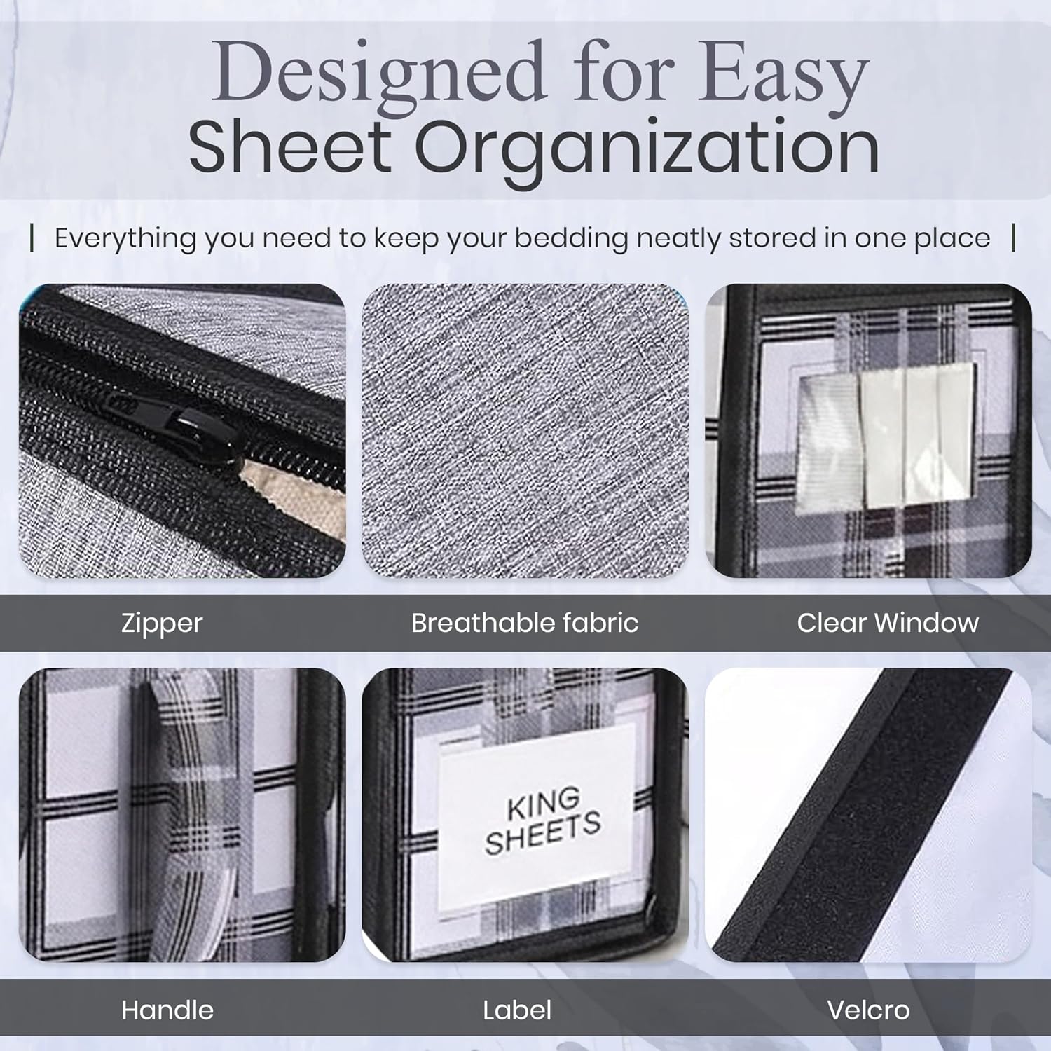 4 Pack Bed Sheet Organizer and Storage with Zipper – Linen Closet Organizers for Full, King, Queen & Twin Sheet Sets, Bedding Storage for Blankets and Duvet Covers, Black