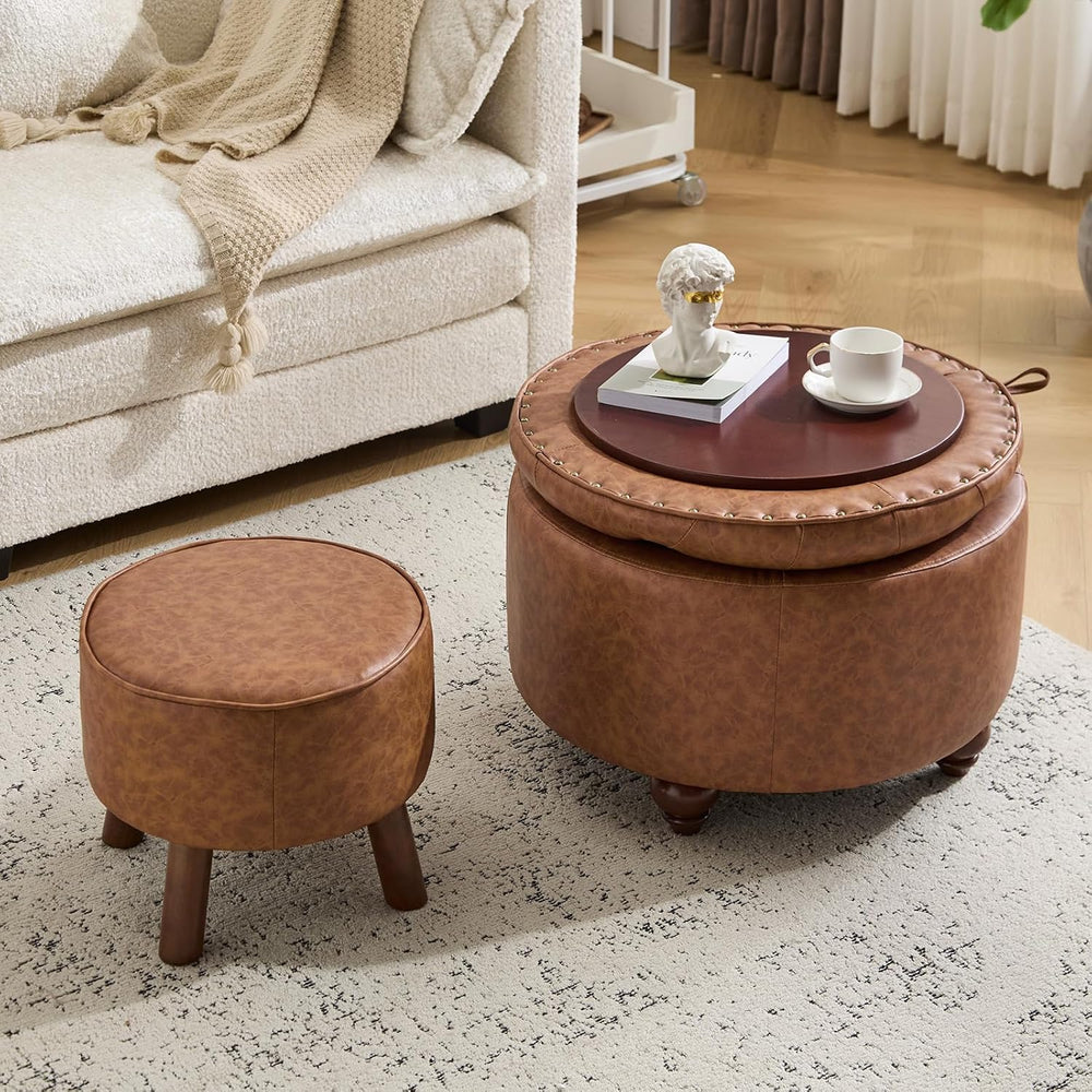 24Inch Round Storage Ottoman, Set of 2, Modern PU Leather Coffee Table with R...