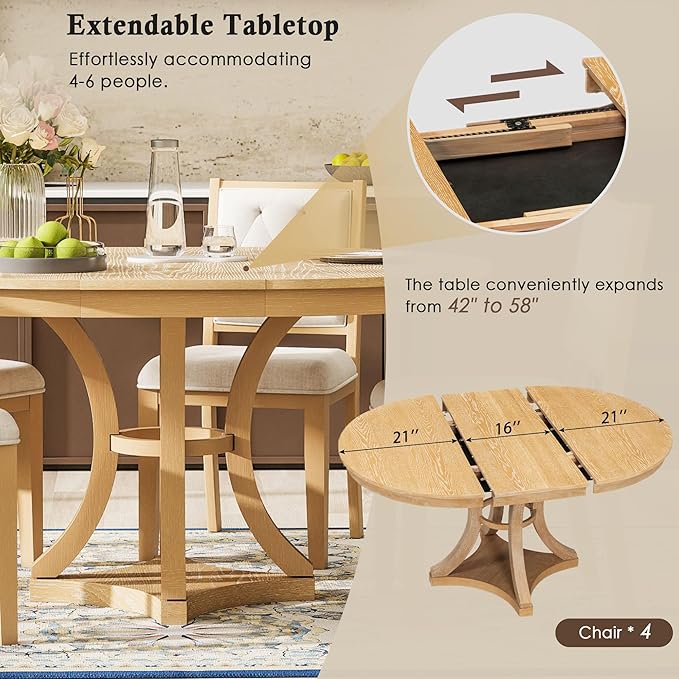 Ball & Cast Retro Dining Table Set for 4 with 4 Upholstered Chairs,5-Piece Wooden Living Room Furniture W/ 42" Round Extendable Kitchen Desk,for Small Space,Apartment,Dining Room,Natural