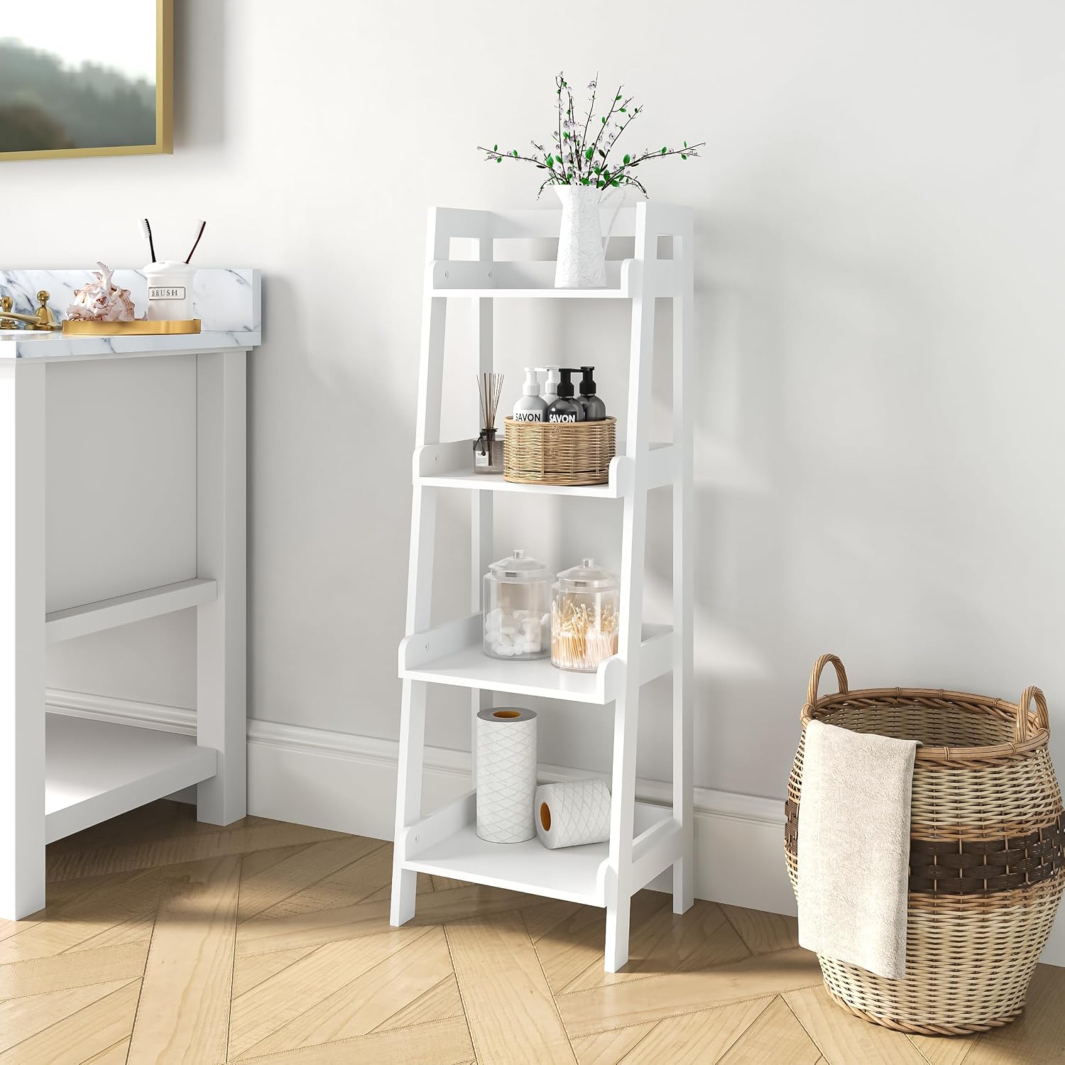 UTEX Freestanding Bathroom Storage Shelf with 4-Tier Ladder Design, White | 4 Fixed Shelves, A-Frame Ladder Design, Side and Back Guards, Anti-Tip Design, 14.69" W × 11.42" D × 42.7" H