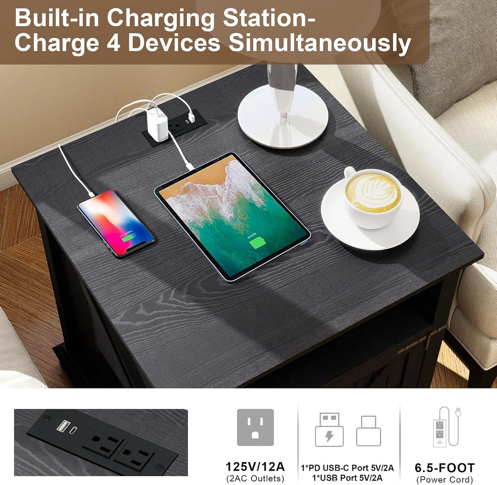 MUUEGM End Table with Charging Station, 24 Inch Farmhouse Sofa Side Tables Li...