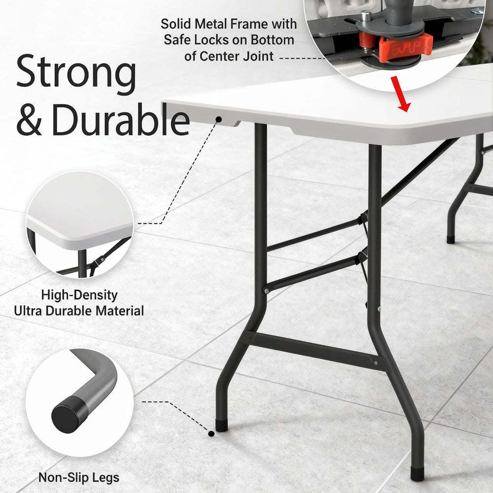 6 Feet Folding Table with Built in Handle & Fold-in-Half | Heavy Duty Por...