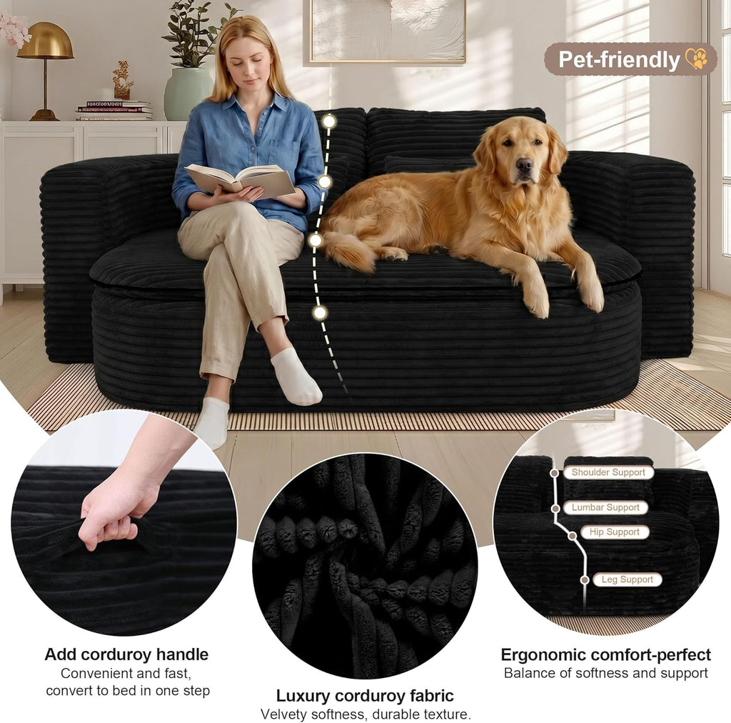 75'' Folding Sleeper Sofa Bed, Memory Foam Boneless Couch | Full Size Guest Bed Mattress, Modern 2-in-1 Floor Deep Seat Sleeper Sofa with 4 Pillows and Blanket | Corduroy Black